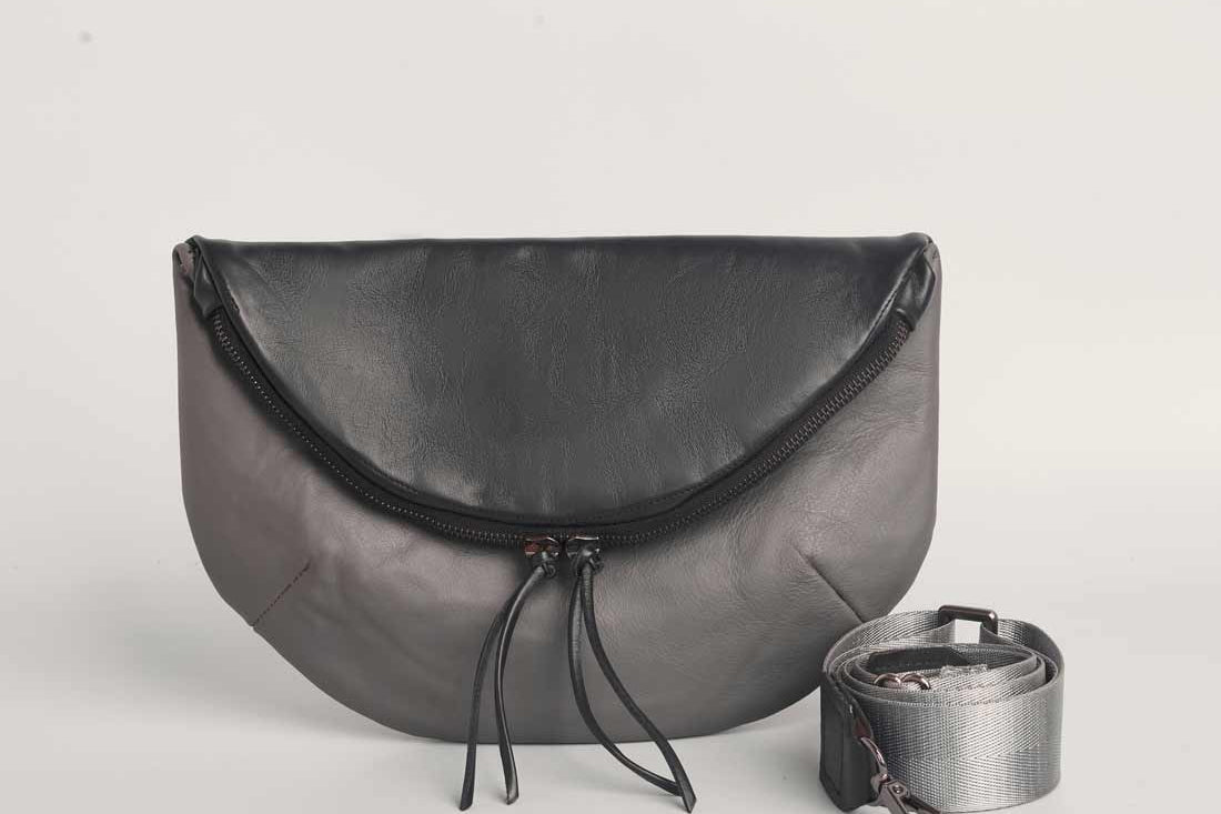 Charcoal leather Crescent cross-body bag by Geometric.