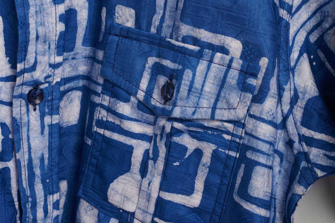 Hand-dyed blue Coco batik print short sleeve button up shirt by GEOMETRIC.