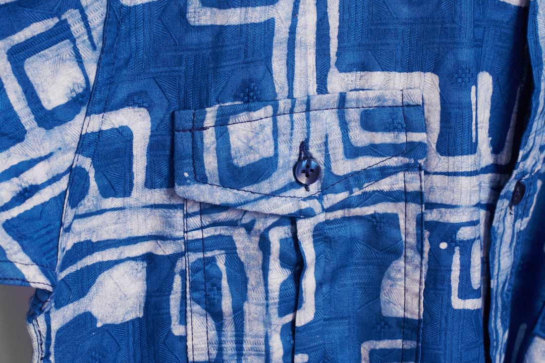 Hand-dyed blue Coco batik print short sleeve button up shirt by GEOMETRIC.