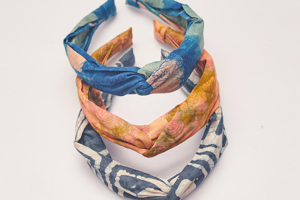 Set of three hand-dyed batik print headbands by Geometric.