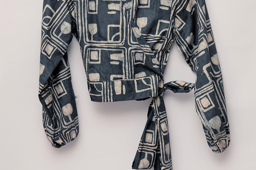 Charcoal hand-dyed batik Coco print long sleeve wrap top by GEOMETRIC.