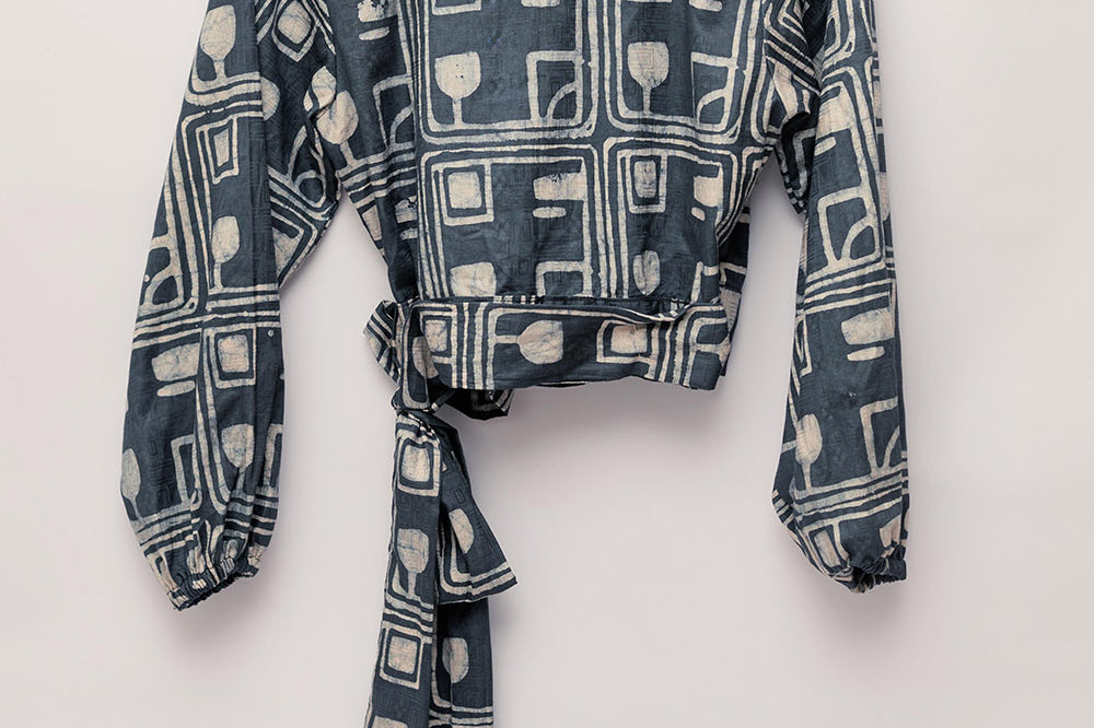 Charcoal hand-dyed batik Coco print long sleeve wrap top by GEOMETRIC.