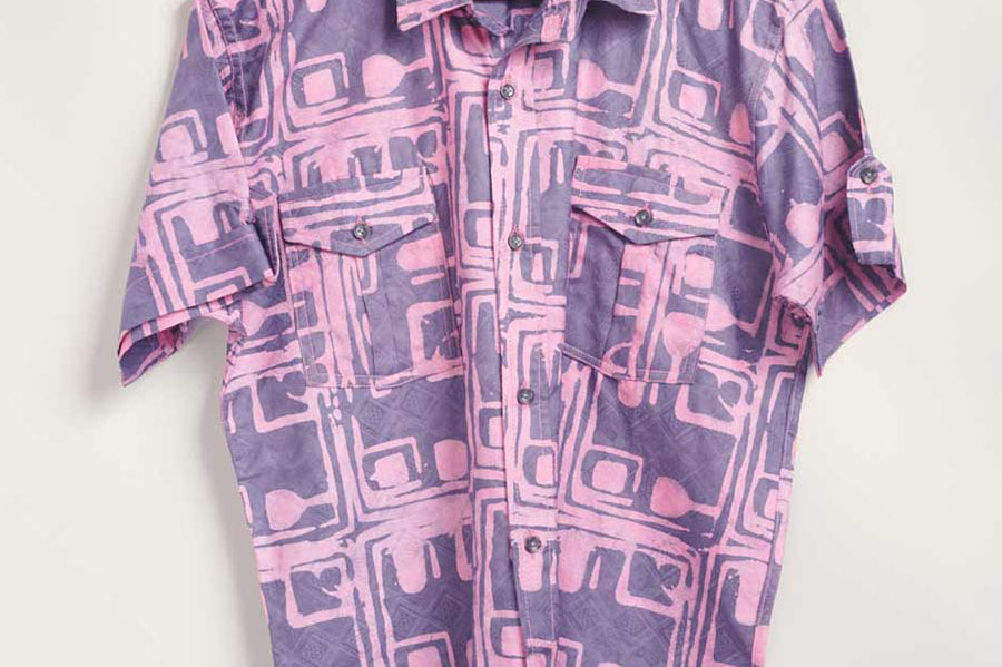 Hand-dyed blue Coco batik print short sleeve button up shirt by GEOMETRIC.
