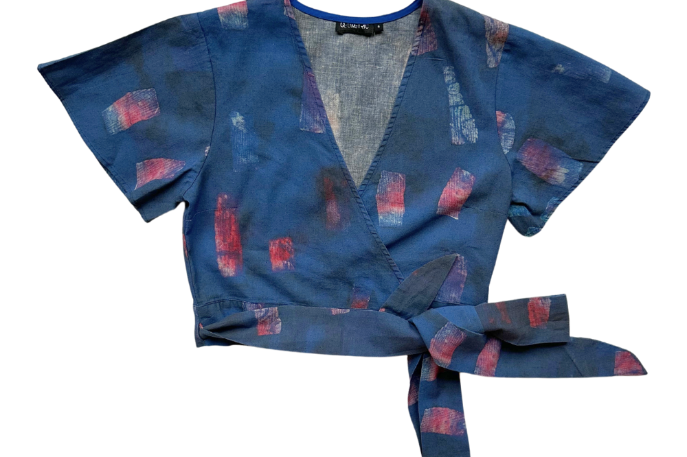 Hand-dyed blue Brushstrokes batik print Short Sleeve Wrap Top by GEOMETRIC. 