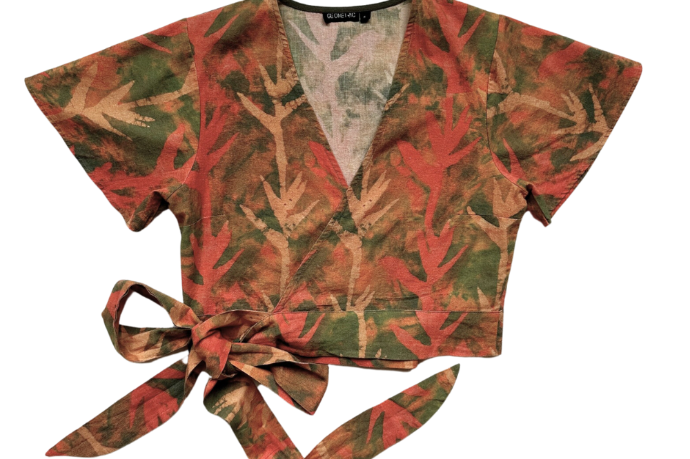 Hand-dyed fall colour Paradise batik print Short Sleeve Wrap Top by GEOMETRIC. 