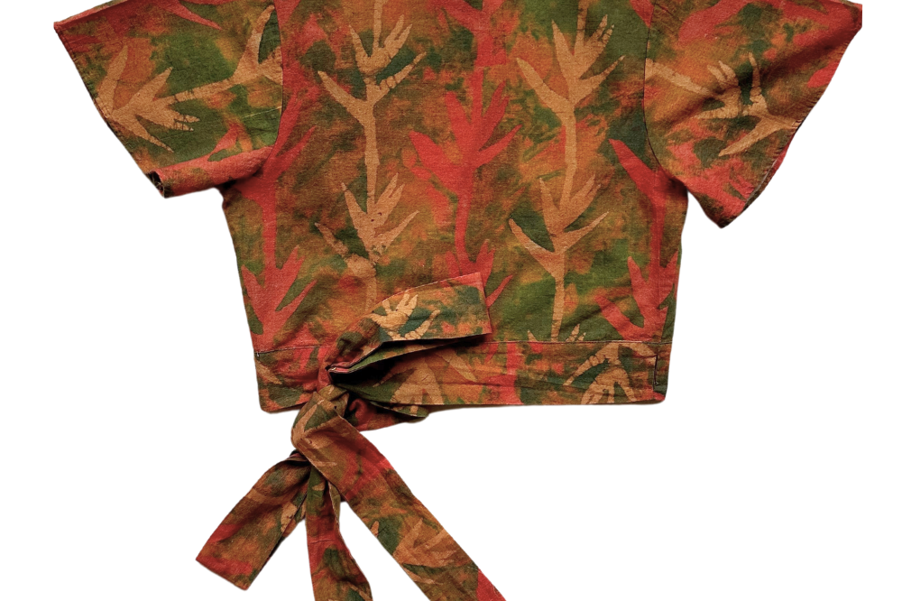 Back view of hand-dyed fall colour Paradise batik print Short Sleeve Wrap Top by GEOMETRIC. 