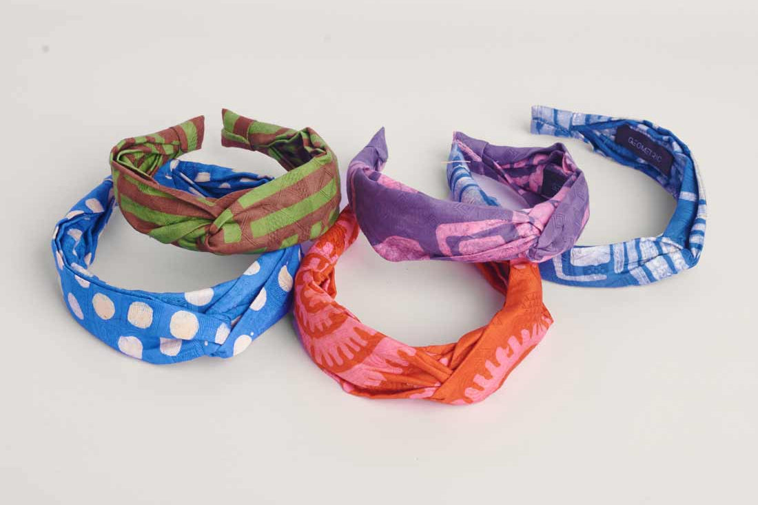 Set of 5 hand-dyed batik print headbands by GEOMETRIC. 
