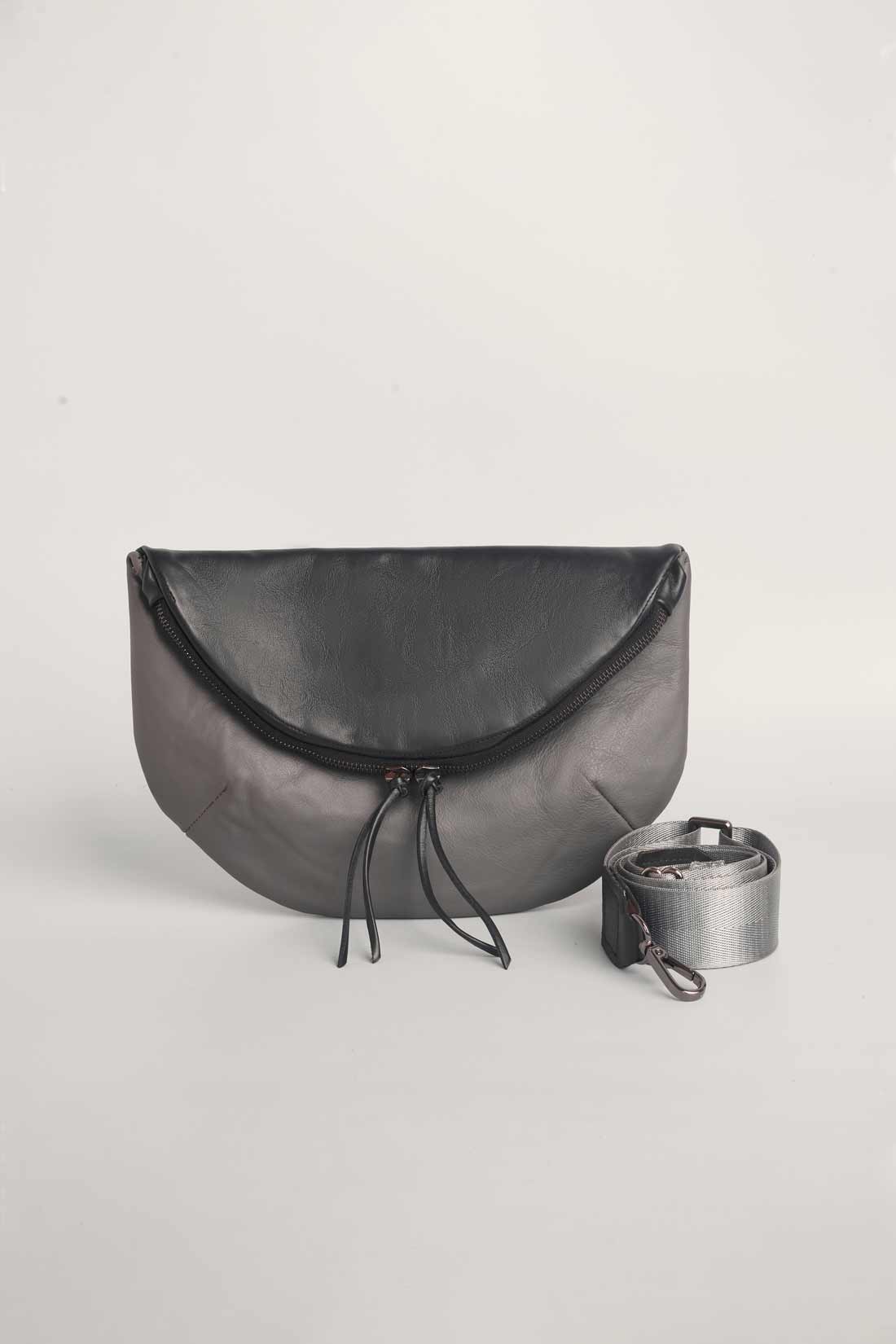 Charcoal leather Crescent cross-body bag by Geometric. 