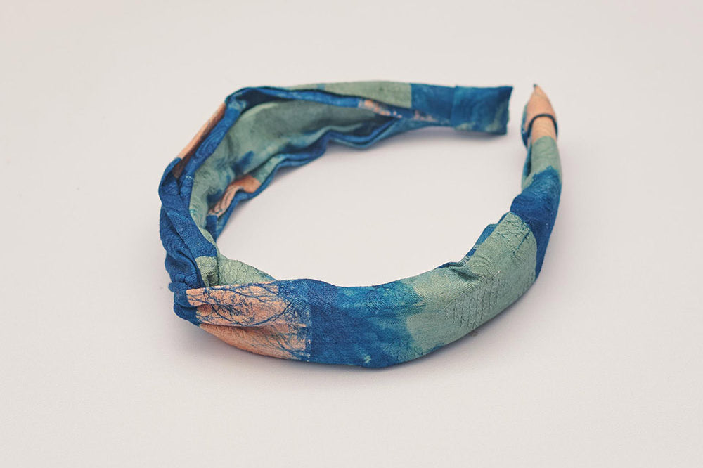 Blue hand-dyed batik Brushstrokes print headband by GEOMETRIC. 