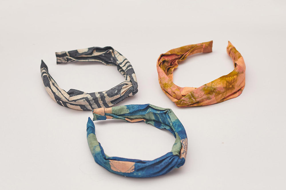 Set of three hand-dyed batik headbands by GEOMETRIC. 