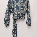Charcoal hand-dyed batik Coco print long sleeve wrap top by GEOMETRIC. 