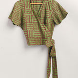 Hand-dyed green and brown Garden Party batik print Short Sleeve Wrap Top by GEOMETRIC. 