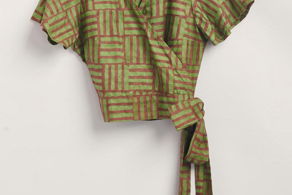 Hand-dyed green and brown Garden Party batik print Short Sleeve Wrap Top by GEOMETRIC. 